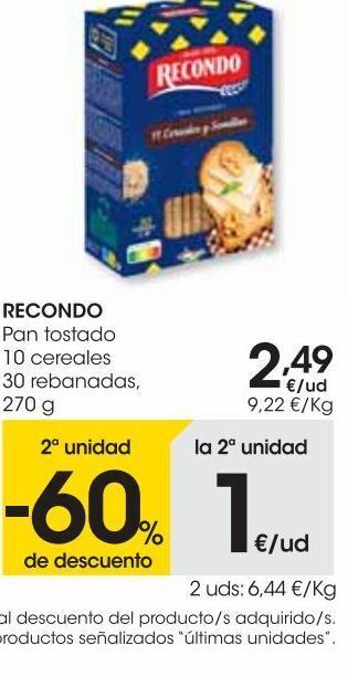 Eroski Recondo pan tostado 11 cereales 30 rebanadas 270 g oferta