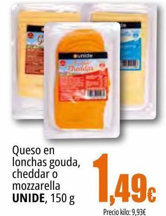 Unide Supermercados Queso en lonchas gouda cheddar o mozarella unide oferta