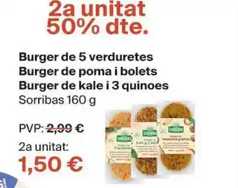 Burger de 5 verduretes, Burger de poma i bolets, Burger de kale i 3 quinoes Sorribas 160 g