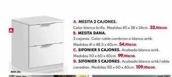 BricoCentro A  8001.314  8001.394  a. mesita 2 cajones.  color blanco brillo. medidas 45 x 38 x 34cm. 32,95€/ud. b. mesita dana.  3 cajon oferta