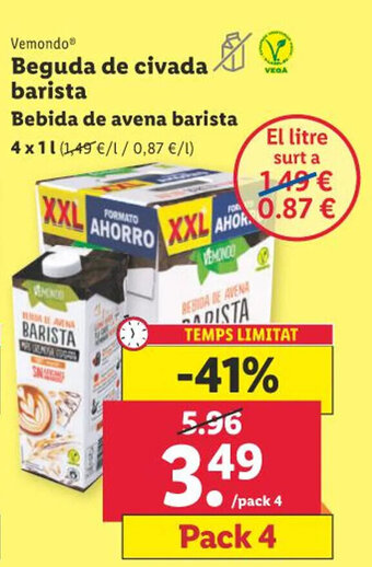 Lidl Vemondo® Beguda de civada baristBebida de avena barista 4x11 (1,49 €/1 /0,87 €/l) oferta