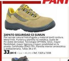 Coferdroza Zapato seguridad s3 sumun  piel serraje natural hidrofugada y material textil cordura. metal free. puntera y plantilla no met oferta