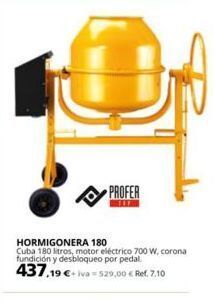 Coferdroza 19 profer meta hormigonera 180 cuba 180 litros, motor eléctrico 700 w, corona fundición y desbloqueo por pedal. 437,19 €+ oferta