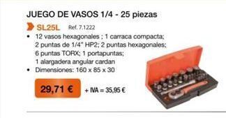 Coferdroza Juego de vasos 1/4-25 piezas > sl25l ref. 7.1222 • 12 vasos hexagonales 1 carraca compacta 2 puntas de 1/4 hp2 2 puntas he oferta