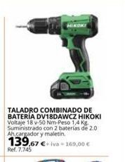 Coferdroza Taladro combinado de batería dv18dawcz hikoki voltaje 18 v-50 nm-peso 1,4 kg. suministrado con 2 baterías de 2.0 ah,cargador oferta