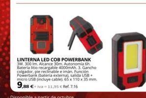 Coferdroza Linterna led cob powerbank 3w. 300 im. alcance 30m. autonomia 6h.  bateria litio recargable 4000mah. 3. gancho colgador, pie  oferta