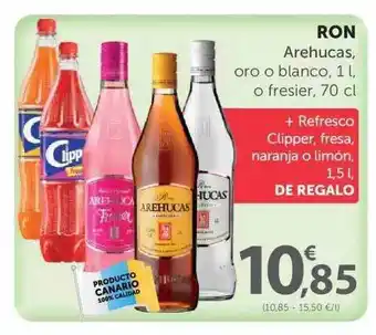 SPAR Ron Arehucas, oro o blanco, 1 L, o fresier, 70cl + Refresco Clipper, fresa, naranja o limón, 1,5L, De Regalo oferta