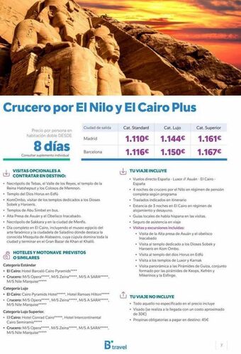 B The travel Brand 351 crucero por el nilo y el cairo plus precio por persona en habitación doble desde 8 días consultar suplemento individual v oferta