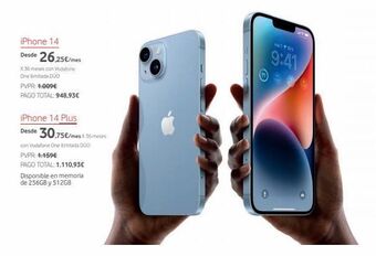 Vodafone Iphone 14 desde 26.25€/mes x36 meses con vodafone. one limitada duo pvpr: 4.009€ pago total: 948,93€ iphone 14 plus desde 30, oferta