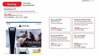Vodafone Gaming playstation 5 con 1 mando incluido y juego final fantasy xvi 15,75€/mes x 36 meses pvpr: 599,99€ pago total: 567€ sony oferta
