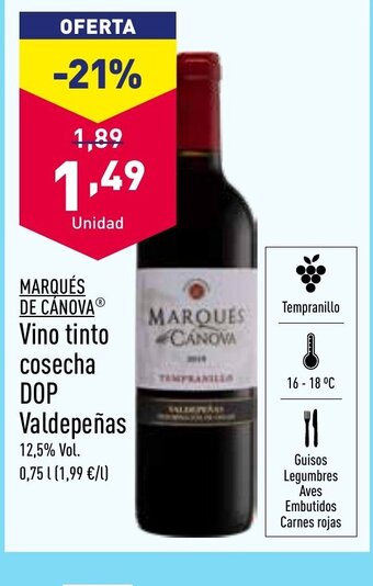 ALDI MARQUÉS DE CÁNOVA Vino tinto cosecha DOP Valdepeñas oferta