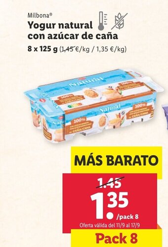 Lidl Milbona Yogur natural con azúcar de caña oferta