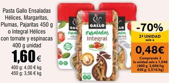 FROIZ Pasta Gallo Ensaladas Hélices, Margaritas, Plumas, Pajaritas 450 g o Integral Hélices con tomate y espinacas 400 g unidad oferta