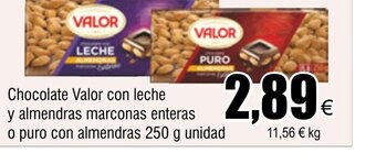 FROIZ Chocolate Valor con leche y almendras marconas enteras o puro con almendras 250 g unidad oferta