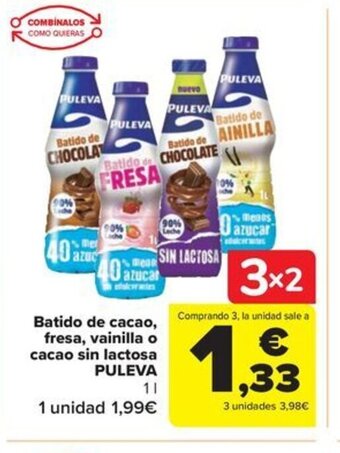 Carrefour Batido de cacao, fresa, vainilla o cacao sin lactosa PULEVA 1L oferta