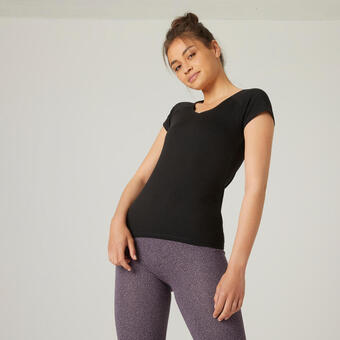Decathlon Camiseta fitness manga corta cuello pico algodón extensible mujer negro oferta