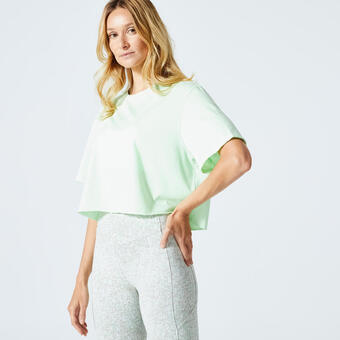 Decathlon Camiseta fitness crop top mujer domyos verde sorbete oferta