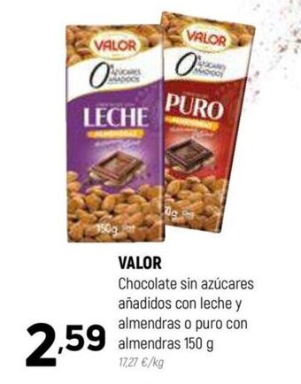 Coviran VALOR Chocolate sin azúcares añadidos con leche y almendras o puro con almendras 150 g oferta