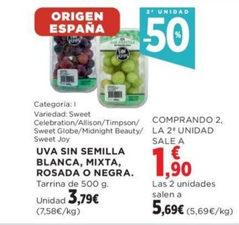 Hipercor UVA SIN SEMILLA BLANCA, MIXTA, ROSADA O NEGRA. oferta