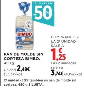 Hipercor PAN DE MOLDE SIN CORTEZA BIMBO. 450 g. oferta