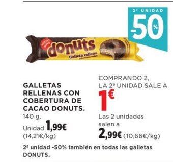 Hipercor GALLETAS RELLENAS CON COBERTURA DE CACAO DONUTS. 140 g. oferta