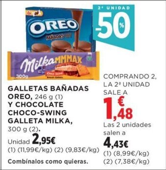 Hipercor GALLETAS BAÑADAS OREO, 246 g (1) Y CHOCOLATE CHOCO-SWING GALLETA MILKA, 300 g (2). oferta