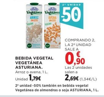 Hipercor BEBIDA VEGETAL VEGETÁNEA ASTURIANA. Arroz o avena, 1 L. oferta