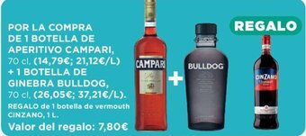 Hipercor POR LA COMPRA DE 1 BOTELLA DE APERITIVO CAMPARI, 70 cl, (14,79€; 21,12€/L) + 1 BOTELLA DE GINEBRA BULLDOG, oferta