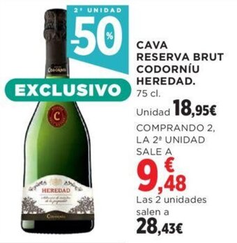 Hipercor CAVA RESERVA BRUT CODORNÍU HEREDAD. oferta
