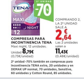 Hipercor COMPRESAS PARA INCONTINENCIA TENA Maxi night, 12 unidades. oferta