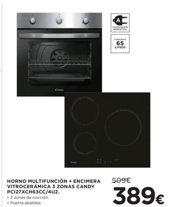 Hipercor HORNO MULTIFUNCIÓN + ENCIMERA 509€ VITROCERÁMICA 3 ZONAS CANDY PC127XCH63CC/4U2. oferta