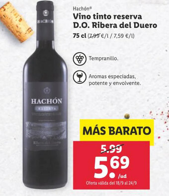 Lidl Hachón Vino tinto reserva D.O. Ribera del Duero 75 cl oferta