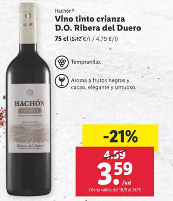 Lidl Hachón Vino tinto crianza D.O. Ribera del Duero 75 cl oferta