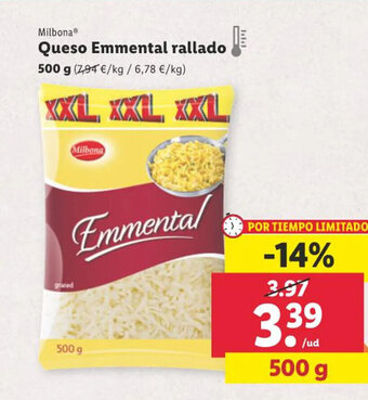 Lidl Milbona Queso Emmental rallado 500 g oferta