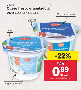 Lidl Milbona Queso fresco granulado 200 g oferta