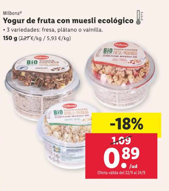 Lidl Milbona Yogur de fruta con muesli ecológico oferta