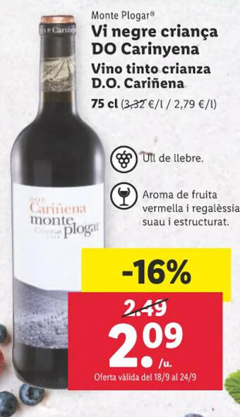 Lidl Monte Plogar Vi negre criança DO Carinyena 75 cl oferta