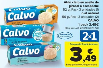 Carrefour Atún claro en aceite de girasol o escabeche 52 g. Pack 3 unidades (1) o al natural 56 g. Pack 3 unidades (2) CALVO oferta