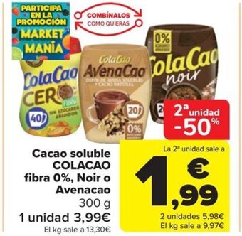 Carrefour Cacao soluble COLACAO fibra 0%, Noir o Avenacao 300 g oferta