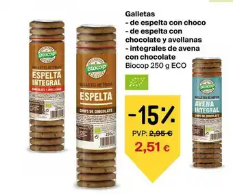 Galletas De Espelta Con Choco De Espelta Con Chocolate Y Avellanas Integrales De Avena Con Chocolate Biocop Eco 250g