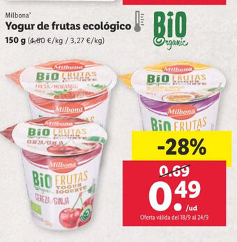 Lidl Milbona Yogur de frutas ecológico 150 g. oferta
