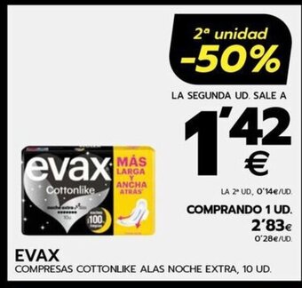 BM Supermercados EVAX COMPRESAS COTTONLIKE ALAS NOCHE EXTRA, 10 UD. oferta