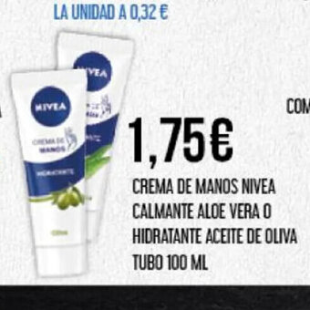 Claudio CREMA DE MANOS NIVEA CALMANTE ALOE VERA O LA UNIDAD A 0,12 € HIDRATANTE ACEITE DE OLIVA O ALAS NOCHE 9 UNIDADES TUBO 100 ML oferta