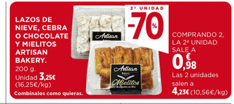 Hipercor LAZOS DE NIEVE, CEBRA O CHOCOLATE Y MIELITOS ARTISAN BAKERY. 200 g oferta