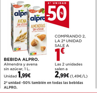 Hipercor BEBIDA ALPRO. Almendra y avena sin azúcar, 1 L. oferta