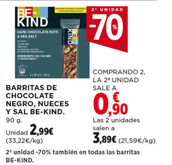 Hipercor BARRITAS DE CHOCOLATE NEGRO, NUECES Y SAL BE-KIND. 90 g. oferta