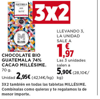 Hipercor CHOCOLATE BIO GUATEMALA 74% CACAO MILLÉSIME. 70 g. oferta