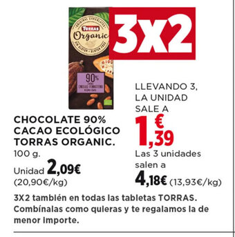 Hipercor CHOCOLATE 90% CACAO ECOLÓGICO TORRAS ORGANIC. 100 g. oferta