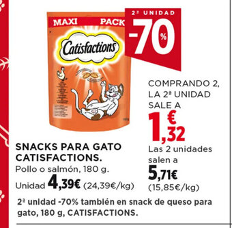 Hipercor SNACKS PARA GATO CATISFACTIONS. Pollo o salmón, 180 g. oferta