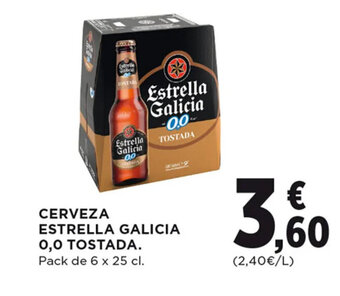 Hipercor CERVEZA ESTRELLA GALICIA 0,0 TOSTADA. Pack de 6 x 25 cl. oferta